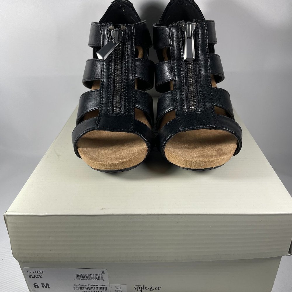 Style & Co. Women's Faux Leather Zippered 3" Wedge Heel Sandals Black Size 6